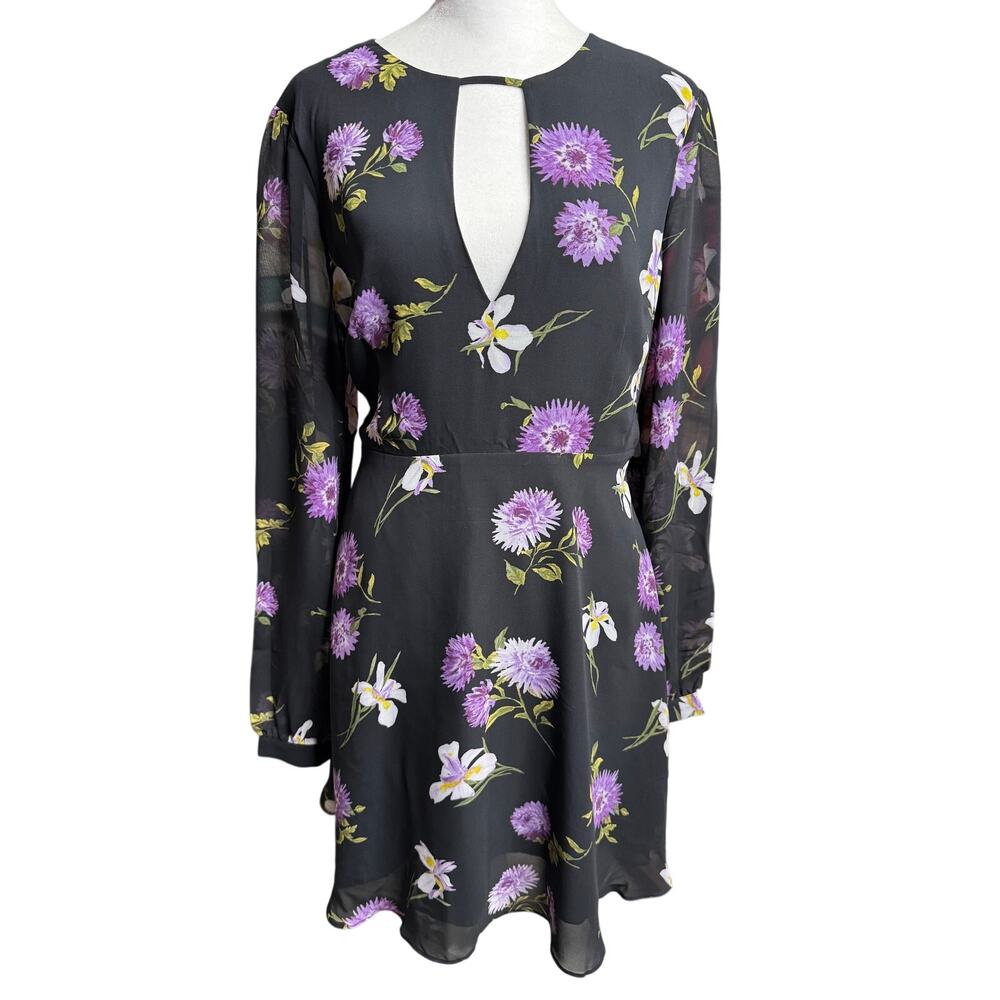 Forever 21 Dark Floral Sheer Sleeve Keyhole Mini Dress Large